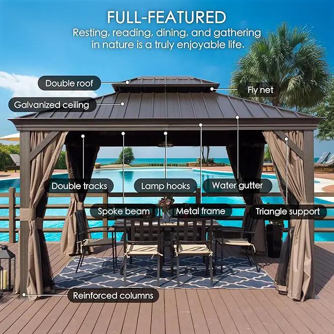 Kozyard Alexander 12' X 18' Hardtop Permanent Aluminum Metal Gazebo with Galvanized Steel Double Roof Canopy, Curtain and Netting, Gazebo Pavilion for Patio, Backyard, Deck, Lawn (Brown) by GreenHaven Gardens