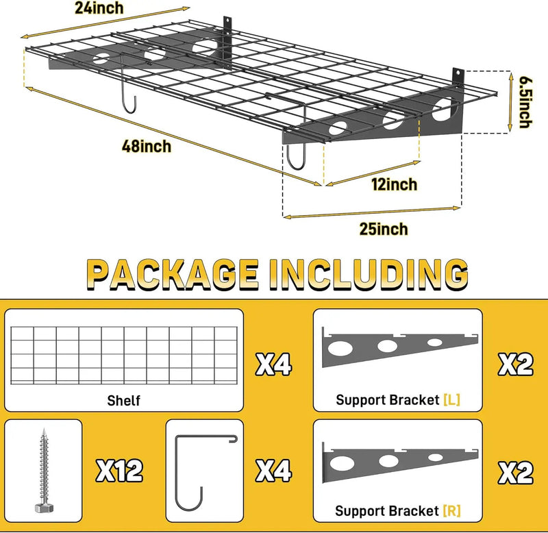Ultrawall Garage Wall Shelves, 2 x 4 ft Wall Mounted Storage Shelves, Heavy Duty Wall Shelving with Hooks, Holds Up to 220 Lbs, 2Pack, Black by GreenHaven Gardens