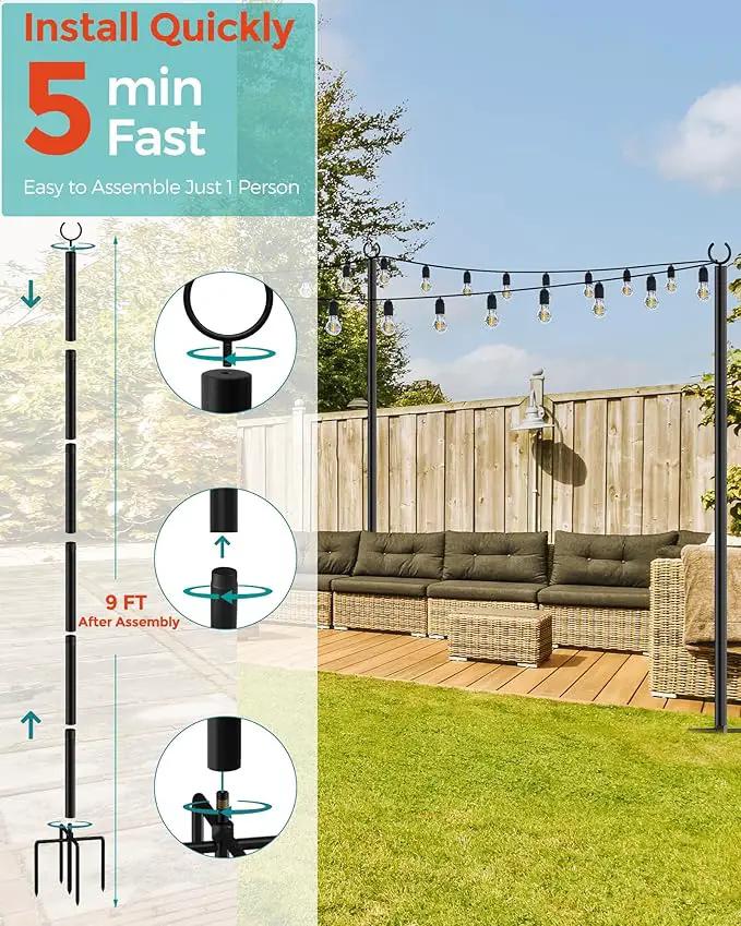 LAND·VOI 4 Pack String Light Poles, 9FT Heavy Duty Metal Light Poles for Outside String Lights, Outdoor light poles with 5 Prong Fork, Light Pole Stand for Patio, Backyard, Garden, Deck, Black FLP14B by GreenHaven Gardens