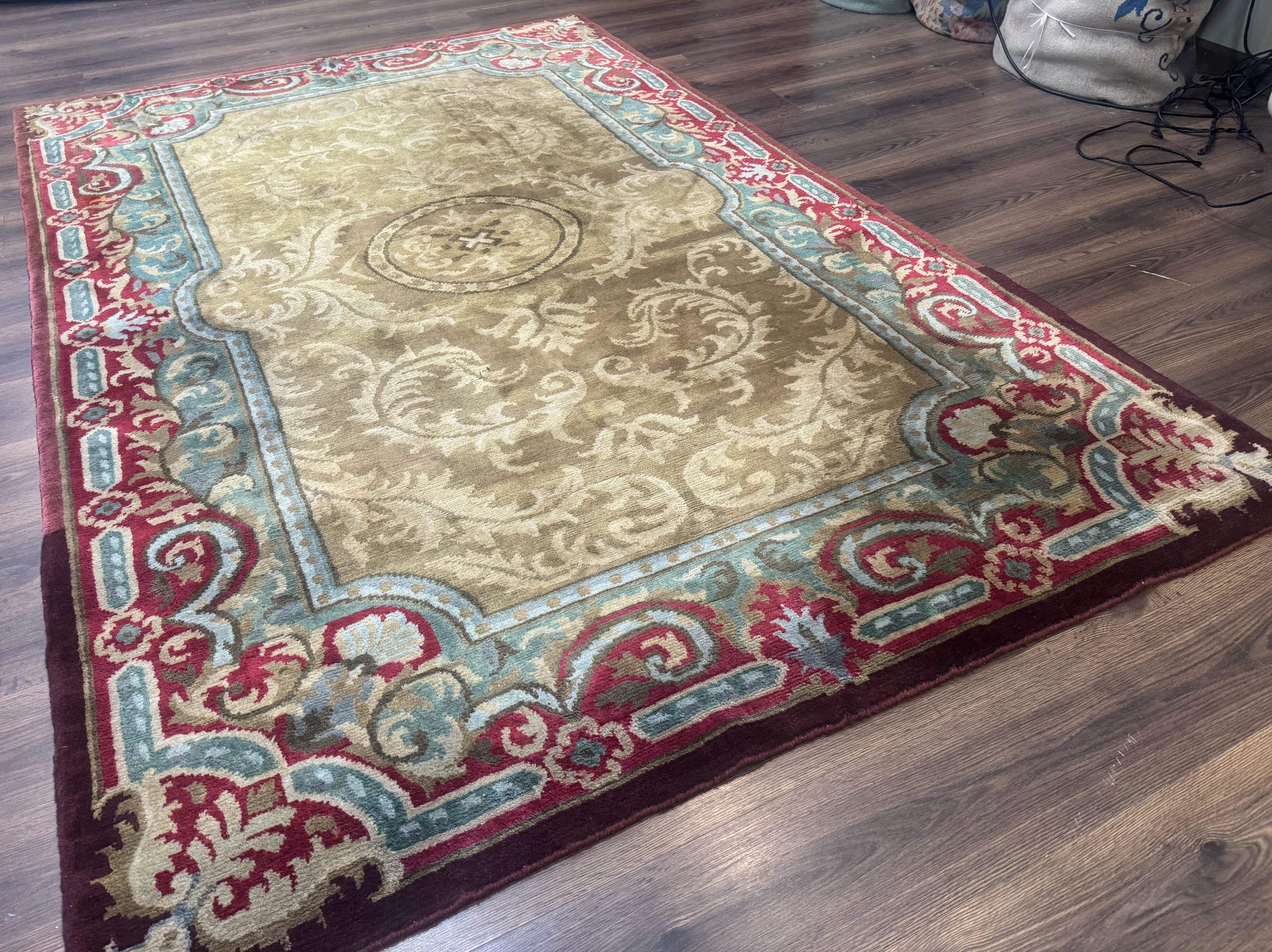 Tibetan Aubusson Rug 6x9, Gold-Beige, Soft Wool Pile, Handmade by Jewel Rugs