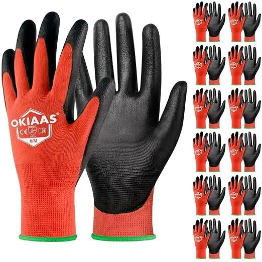 OKIAAS Men's Ultra-Thin and Lightweight Working Gloves with Grip, 12 Pairs Bulk Pack, Construction Gloves with Polyurethane Coating, Safety Gloves for Light Duty Work, Red, Medium by GreenHaven Gardens
