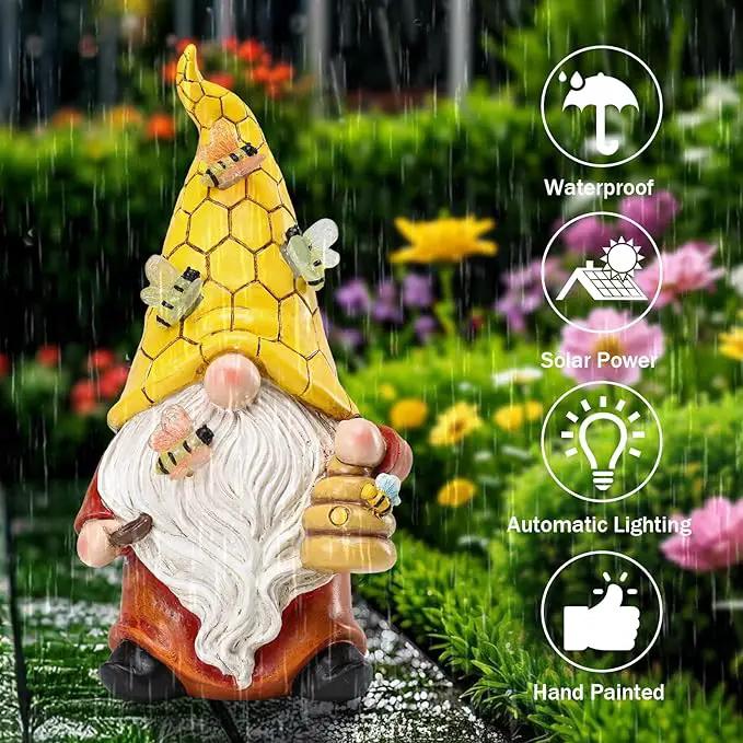 Garden Gnome Statue with Bee Solar Lights, Resin Gnome Figurine for Outdoor Decor, Porch Patio Yard Decorations by GreenHaven Gardens