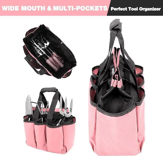 WORKPRO Garden Bag, Garden Tool Tote Storage Bag with 8 Pockets, Home Organizer for Outdoor Gardening Caddy, Garden Tool Kit Holder (Tools NOT Included), Pink Ribbon, Garden Gifts by GreenHaven Gardens