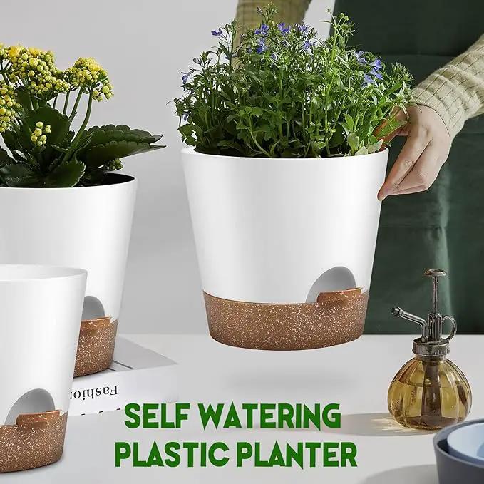 Indoor Outdoor Plant Pots- Self Watering Planters with Drainage Holes and Saucers, 9,8, 7.5 Inches, 3 Pots (Snow) by GreenHaven Gardens