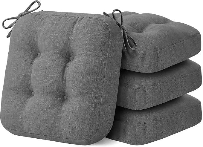 Chair Cushions for Dining Chairs, Dining Chair Cushions, Tufted Indoor Chair Pads with Ties & Non Slip Backing, Seat Cushions for Kitchen Chairs 16.5” x 16.5” x 3.5”, Set of 4, Grey by GreenHaven Gardens