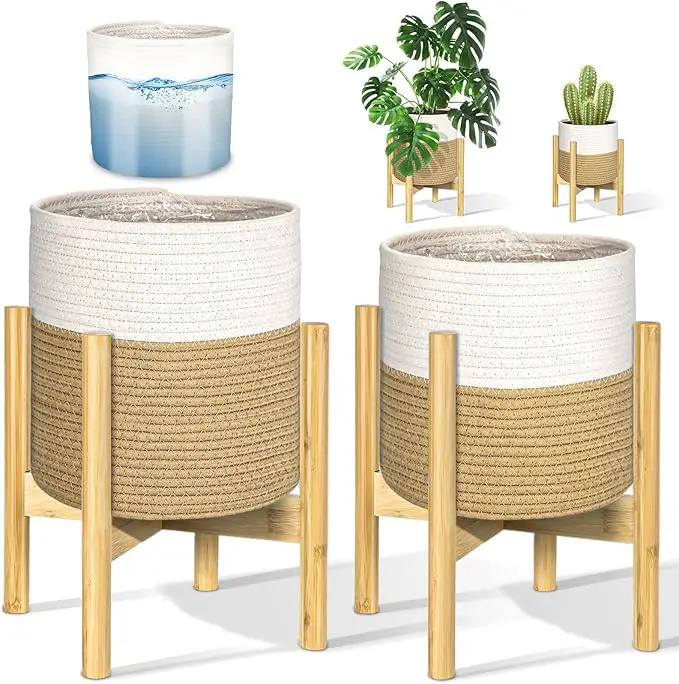 PAULINN Plant Basket with Stand 2 Packs, 11" x 11" & 9" x 9" Woven Plant Basket with Bamboo Stand, for Indoor Plants, Fits 10" x 10" & 8" x 8" Plant Pots by GreenHaven Gardens