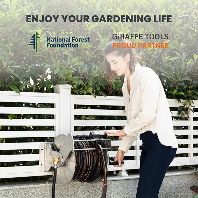 Giraffe Tools Stainless Steel Garden Hose Reel with 5/8" x 100 ft Heavy Duty Hose, Wall/Floor Mounted Metal Water Hose Reel with Crank Handle by GreenHaven Gardens