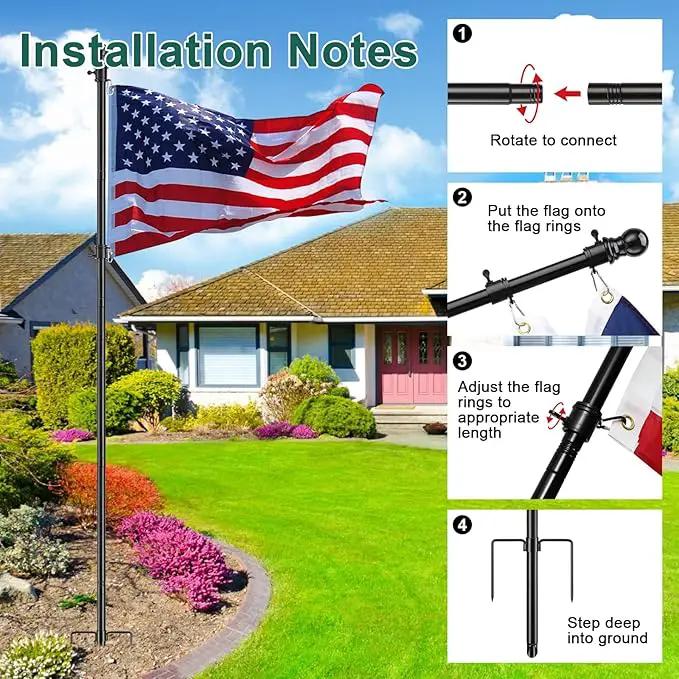 Yard Flag Pole for Outside House in Ground - 8.5 ft Tangle Free Stainless Steel Flagpole with 2 Anti-Tip Prong Base,Portable Flag Pole kit with 3x5 American Flag for Outdoor RV Camper,Black by GreenHaven Gardens
