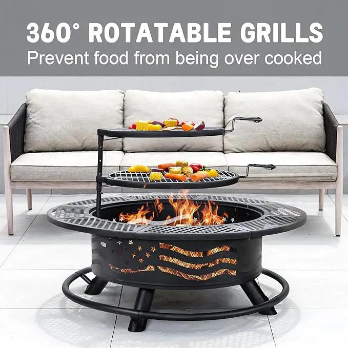 42 Inch Fire Pit with 2 Cooking Grates, Outdoor Wood Burning BBQ Grill Firepit Bowl with Cover Lid, Steel Round Table for Backyard Bonfire Patio Picnic (Black, 42) by GreenHaven Gardens