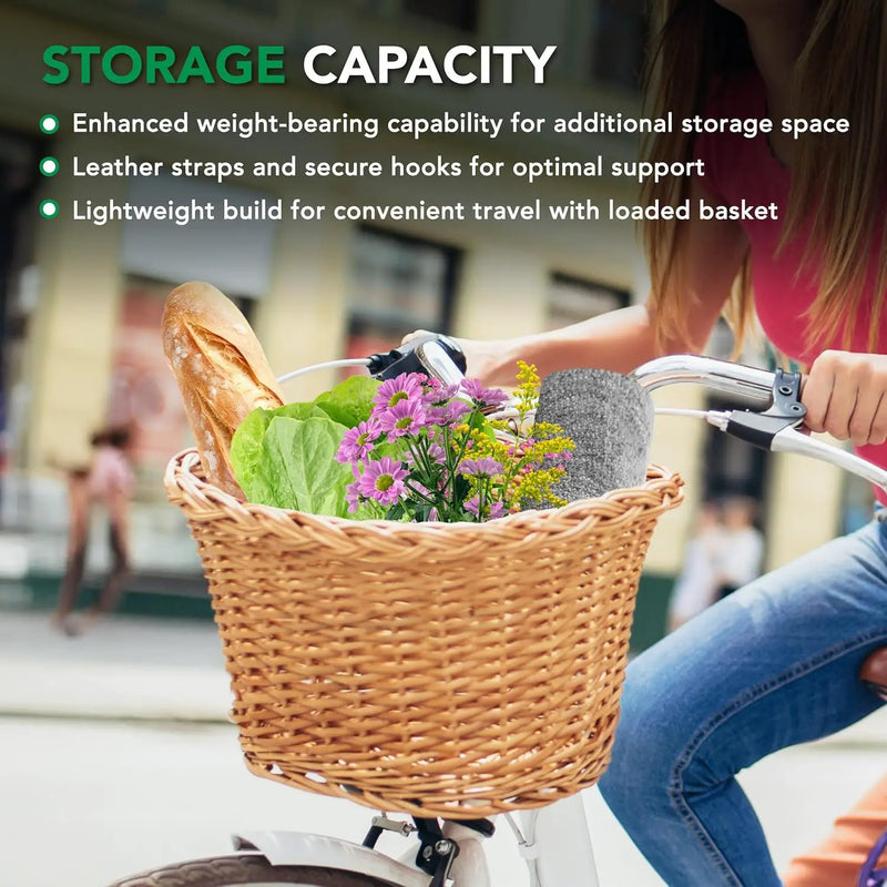 ProSource Wicker Bike Basket Front Cargo for Women and Men, Fits Most Bikes, Beach Cruiser, Stationary Bike, Ebike, Road Bike, Light Brown by GreenHaven Gardens