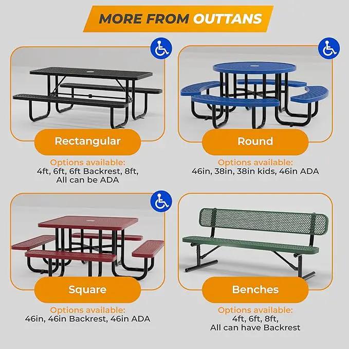 Metal Picnic Tables for Outdoors with Umbrella Hole - Coated Steel Heavy Duty Commercial Grade Table with Adjustable Seats (Red, 46 in, Square, Punched Steel) by GreenHaven Gardens