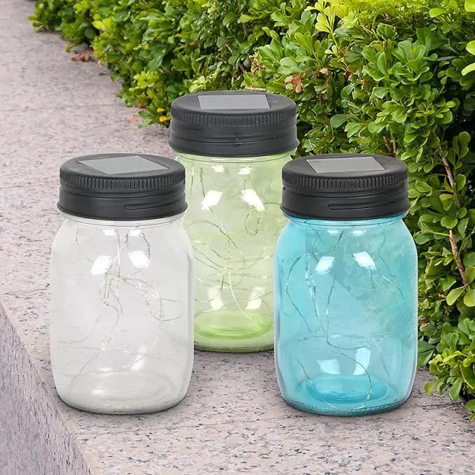Exhart Solar Mason Jars, Set of 3 Glass Outdoor Garden Lanterns with Lids, 12 LED Firefly Lights, Lawn and Yard Decorations, 3.5 x 5.5 Inch by GreenHaven Gardens