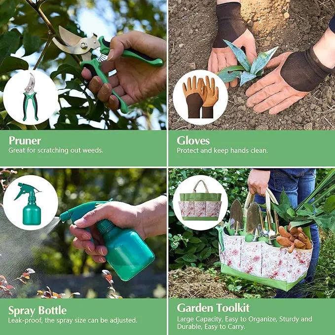 Gardening Tools of 9 Pieces | Stainless Steel Heavy-Duty Gardening Hand Tools with a Delicate and Durable Storage Bag and Anti-Slip Rubber Gloves | Garden Tools Make Ideal Gardening Gifts for Women by GreenHaven Gardens