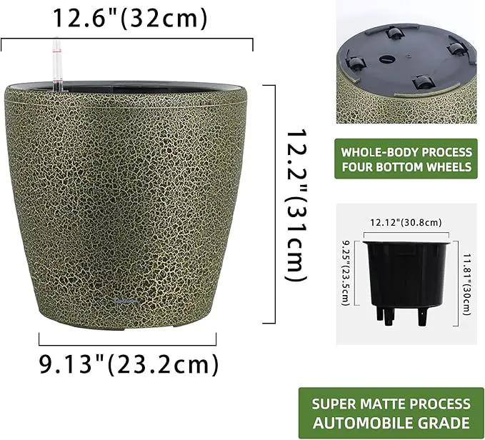 Dexceder 13x12 Self Watering Planter with Wheels Indoor Outdoor, Inner Pot Design, Thickened Large Floor Standing Flower Plant Pot with Water Level Indicator (Black Gold Crackle) by GreenHaven Gardens