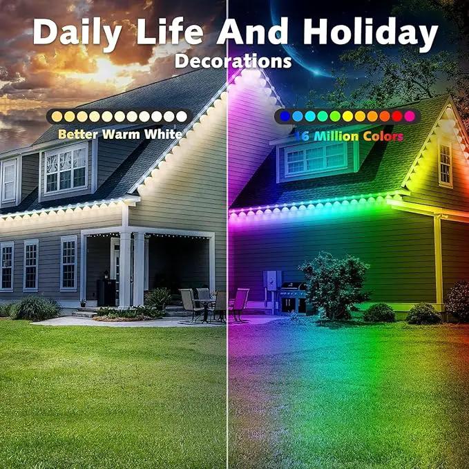 200FT Permanent Outdoor RGB Lights,IP67 Waterproof Smart LED Eaves Lights with App/Remote Control,for Christmas and All Holiday Decor,Daily and Accent Lighting,House Roof and Garden Lighting by GreenHaven Gardens