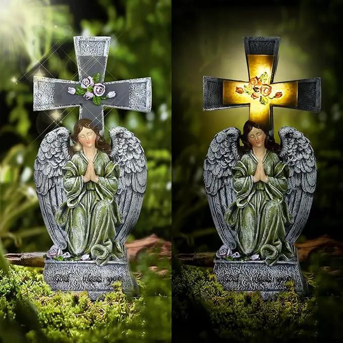 Yiosax-Solar Angels for Cemetery-Garden Statue Lights Decor - Before The Cross on One Knee Wings Praying Angel Figurine Bless You Cemetery Patio Lawn Yard Porch Decorations by GreenHaven Gardens