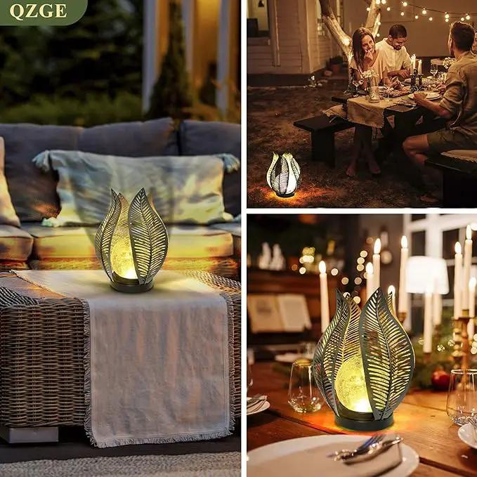 Solar Garden Lights Waterproof Decorations,Crackle Globe Glass,Metal Palm Leaf Solar Lights for Outdoor Decor On Garden,Patio,Yard,Front Porch,Tabletop Lamp-Perfect Gifts by GreenHaven Gardens