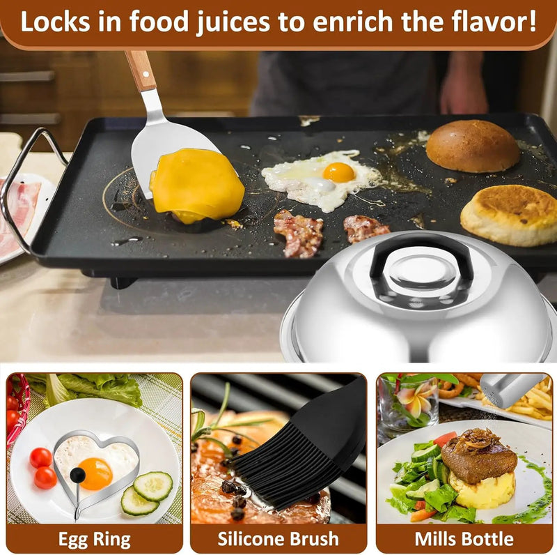 Griddle Accessories Set of 25, Leonyo Flat Top Grill Accessories, Professional BBQ Tool with Enlarged Spatulas Scraper, Basting Cover, Smash Burger Press, Carry Bag for Outdoor Barbecue, Wood Handle by GreenHaven Gardens