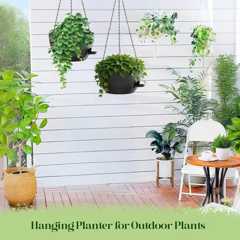 10 Inch Hanging Planters with Chains 2 Pack Self Watering Black Plastic Hanging Pots for Indoor Outdoor Plants, Garden Porch Home Decor (Black) by GreenHaven Gardens