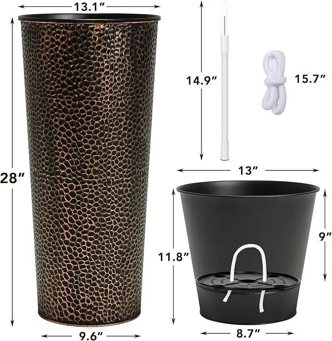 KOL 28" H. Tall Metal Cone Planters with Inner Pots 2-Pack, Bronze Hand-Hammered Large Decor Planter for Deck, Patio, Porch - Handcrafted Flower Pot - with Water Level Indicator - Indoor Outdoor Use by GreenHaven Gardens