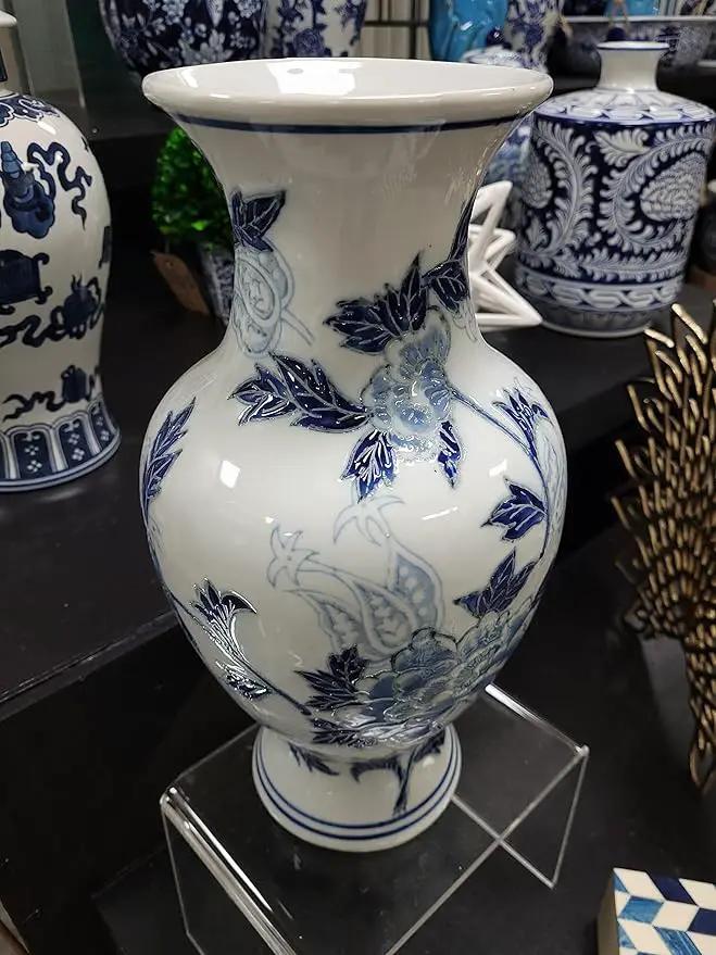 Galt International Blue and White Floral Chinoiserie Ceramic Vase 14" - Hand Painted Antique Style Porcelain Flower Bottle Fishtail Porcelain Chinese Vase for Home Decor Centerpiece by GreenHaven Gardens