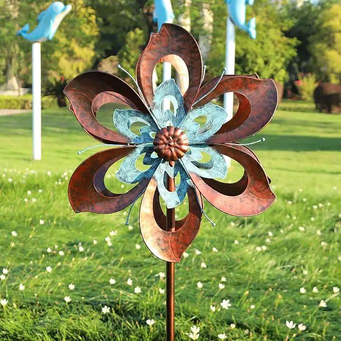 Garden Wind Spinner,Flower Wind Spinner,Outdoor Metal Wind Sculpture & Spinner Large 23 inch Dia 84 inch Height Kinetic Windmill for Garden Yard by GreenHaven Gardens