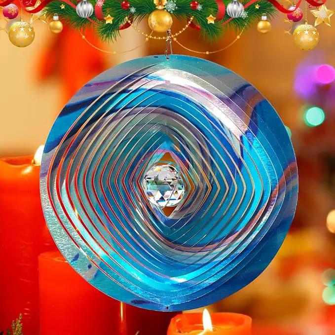 FONMY Mandala Wind Spinner w/Crystal Ball 3D Stainless Steel Hanging Wind Spinner Worth Gift Christmas Decoration Indoor/Outdoor Garden Décor Kinetic Yard Art 12 Inches Multi Blue Wind Sculpture by GreenHaven Gardens