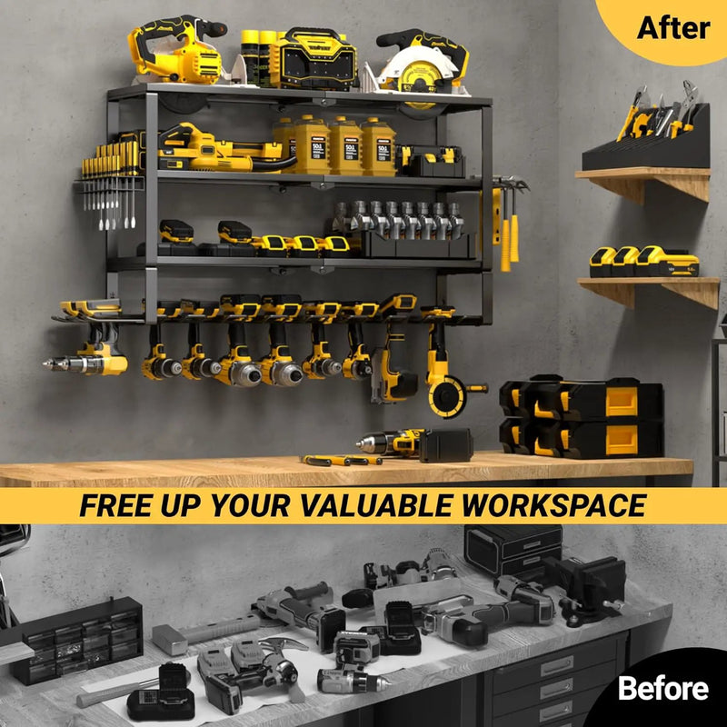 YYR Large Power Tool Organizer Wall Mount, Heavy Duty Metal Cordless Drill Storage Rack with Battery Charging Station Shelf, Utility Racks for Garage Organization, 4 Layer 10 Drills Holder Extra Tall by GreenHaven Gardens