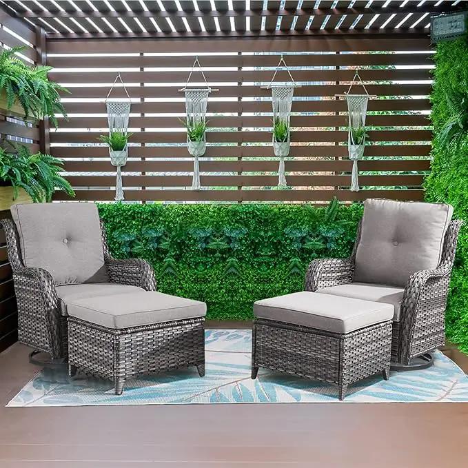 Wicker Outdoor Furniture Patio Furniture Set - 6 Piece Patio Conversation Set with Swivel Rocker Chairs, Loveseat Sofa, Ottomans and Coffee Table, Gray Cushion by GreenHaven Gardens
