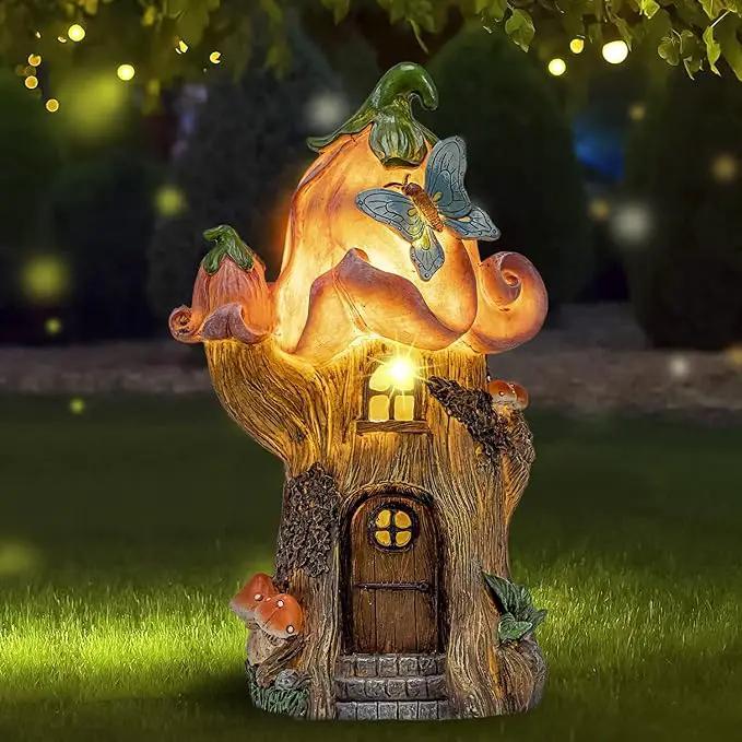 Fairy Garden Accessories Outdoor Statues, Mushroom House Decor,Large Gnome Solar Powered Lights Sculptures,Pink Resin Figurine Butterfly Figurines Lawn Ornaments for Patio Yard Decorations 11Inch by GreenHaven Gardens