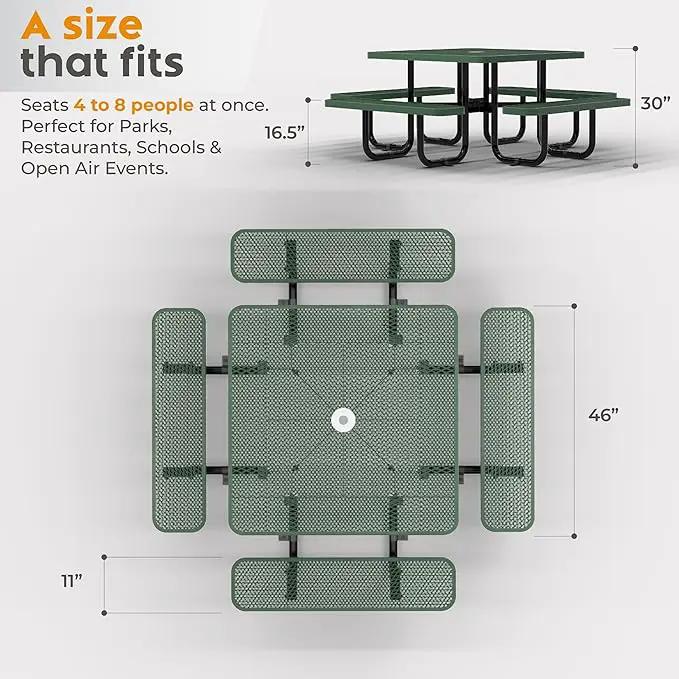 Metal Picnic Tables for Outdoors with Umbrella Hole - Coated Steel Heavy Duty Commercial Grade Table with Adjustable Seats (Green, 46 in, Square, Expanded Steel) by GreenHaven Gardens