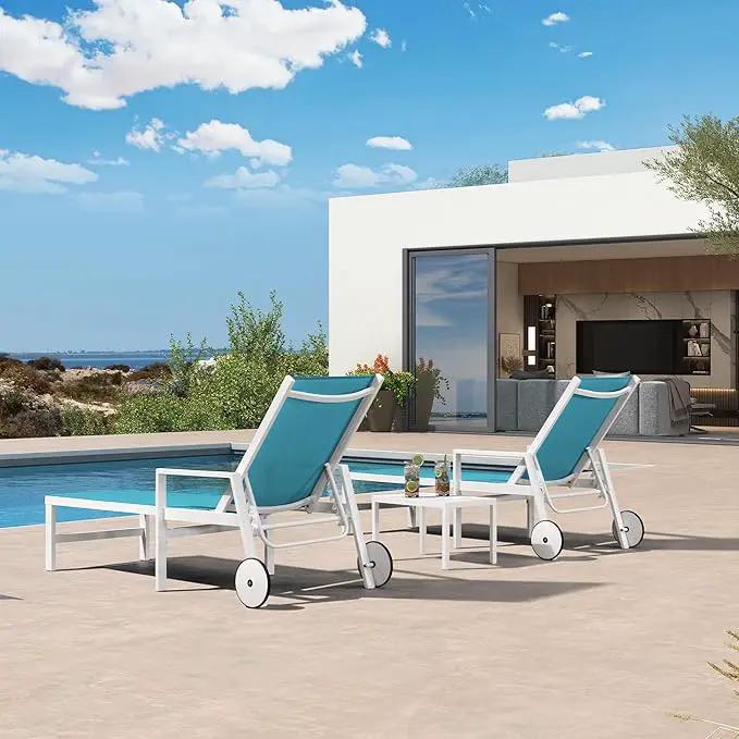 PURPLE LEAF Outdoor Lounge Chairs Set of 4 White Aluminum Chaise Lounge Chair Outdoor with Wheels and Armrest for Patio Deck Pool Side Table Include, Turquoise by GreenHaven Gardens