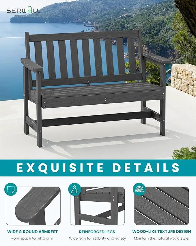 SERWALL Outdoor Bench, HDPE Outdoor Benches Weatherproof, 2-Person Garden Bench with 660 lbs Weight Capacity, Patio Benches for Outdoors, Garden, Porch, Backyard and Park, Grey by GreenHaven Gardens