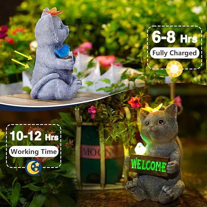 Solar Cat Figurine Garden Statues : Outside Welcome Cat Statue with Butterfly for Garden Decor and Yard Decorations - Unique Gifts for Women and Mom by GreenHaven Gardens