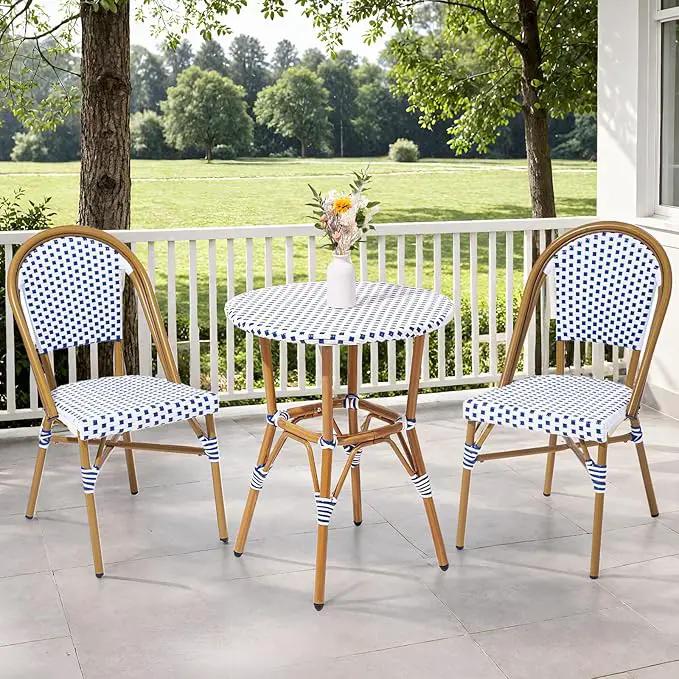 3 Piece French Wicker Bistro Set, Patio Bistro Set with Table and 2 Dining Chairs, All Weather ‎Outdoor ‎Bistro Set with Aluminum Frame, Outdoor Patio Set for Patio Porch Cafes Yard, Navy and White by GreenHaven Gardens