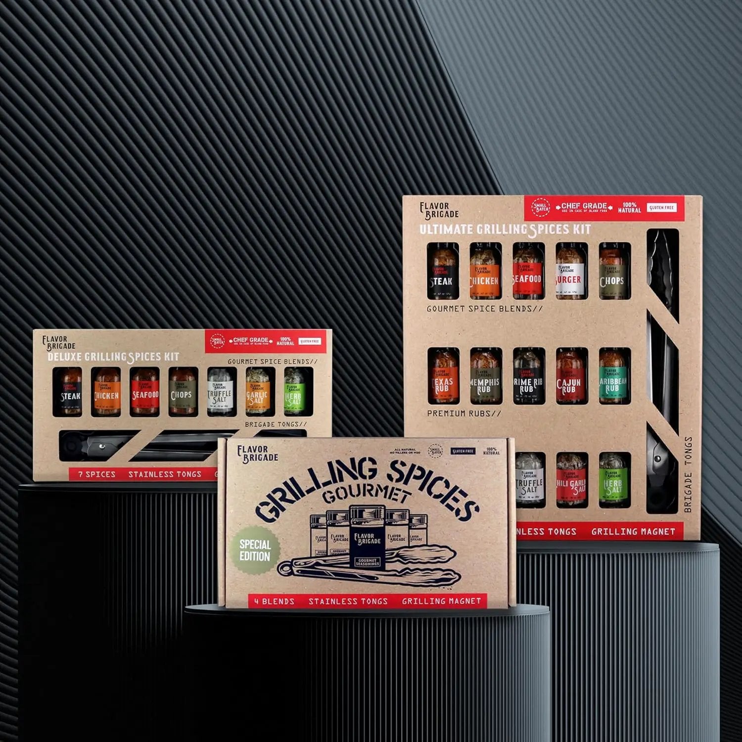 Flavor Brigade Gourmet Grilling Spices Gift Set for Guys, Dad, Men, BBQ Grill Accesories, Smoker, Seasonings, Rub, Steak, Burgers, Chicken, Fish & Stainless Tongs (4 Bags, 7 Piece Set) by GreenHaven Gardens