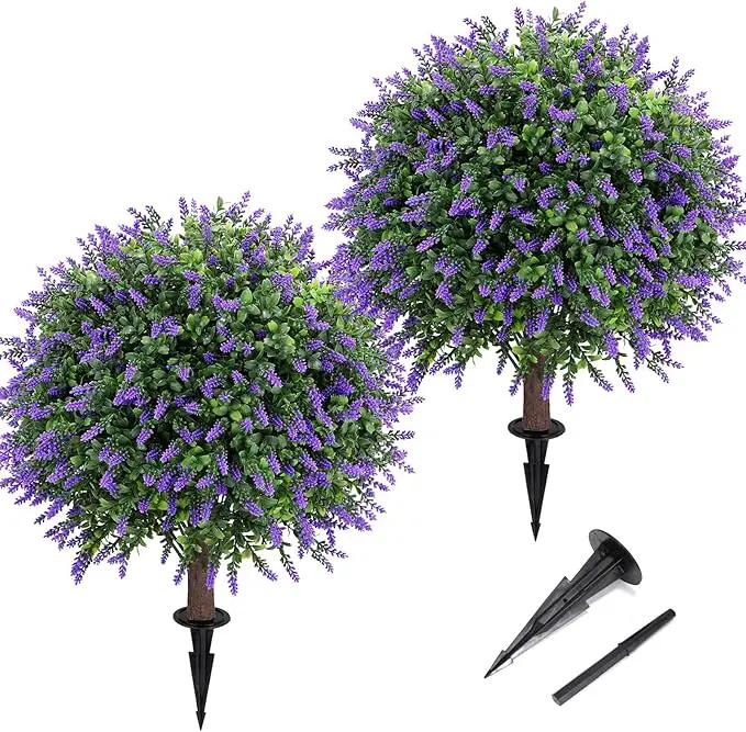 Artificial Lavender Topiary Ball Tree 25" with Ground Spike, Set of 2 Artificial Boxwood Bushes for Faux Shrubs, Fake Evergreen Faux Plant for Indoor Outdoor Porch Garden -UV Resistant–Fade-Proof by GreenHaven Gardens