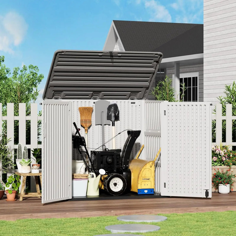 ZZM Large Outdoor Storage Shed, 48 Cu Ft Resin Versatile Storage Cabinet for Patio Accessories, Trash Cans & Garden Tools, Durable Horizontal Storage Box with Lockable Lid (White) by GreenHaven Gardens