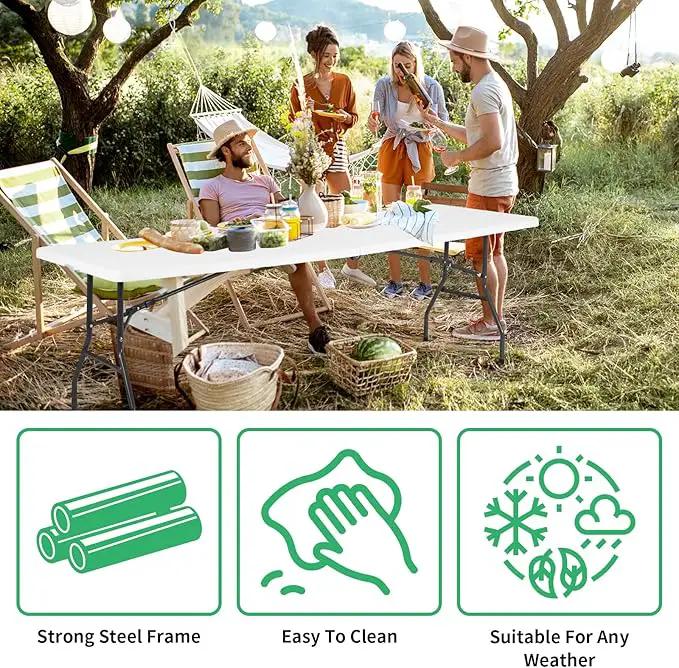 8FT Folding Table, Heavy Duty Foldable Table with Handle, Portable Fold-in-Half Utility Tables for Indoor & Outdoor Use Perfect for Camping BBQ Party Wedding Market Events, White by GreenHaven Gardens