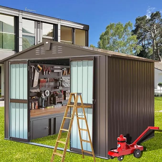 Domi Outdoor Storage Shed 10' x 8’, Metal Garden Shed with Galvanized Steel Frame for Bike, Tools, Lawn Mowers, Pool Toys, Outdoor Storage Cabinet with Lockable Door for Garden Lawn Patio (Dark Brown) by GreenHaven Gardens