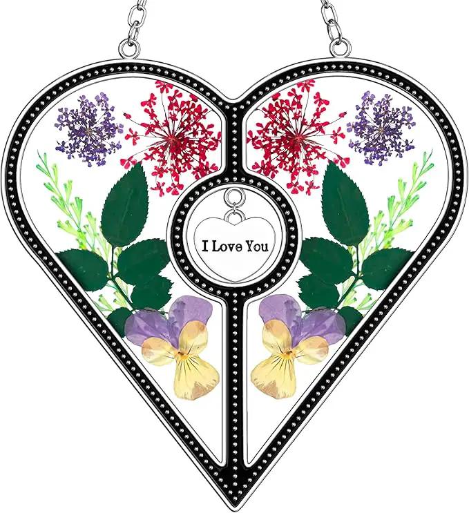 KY&BOSAM Heart Suncatcher I Love You Glass Panels for Window Hangings Wind Chime with Pressed Flower Heart Embedded in Glass Mom Gifts Birthday Gifts for Women Mother`s Day Valentine`s Christmas Decor by GreenHaven Gardens