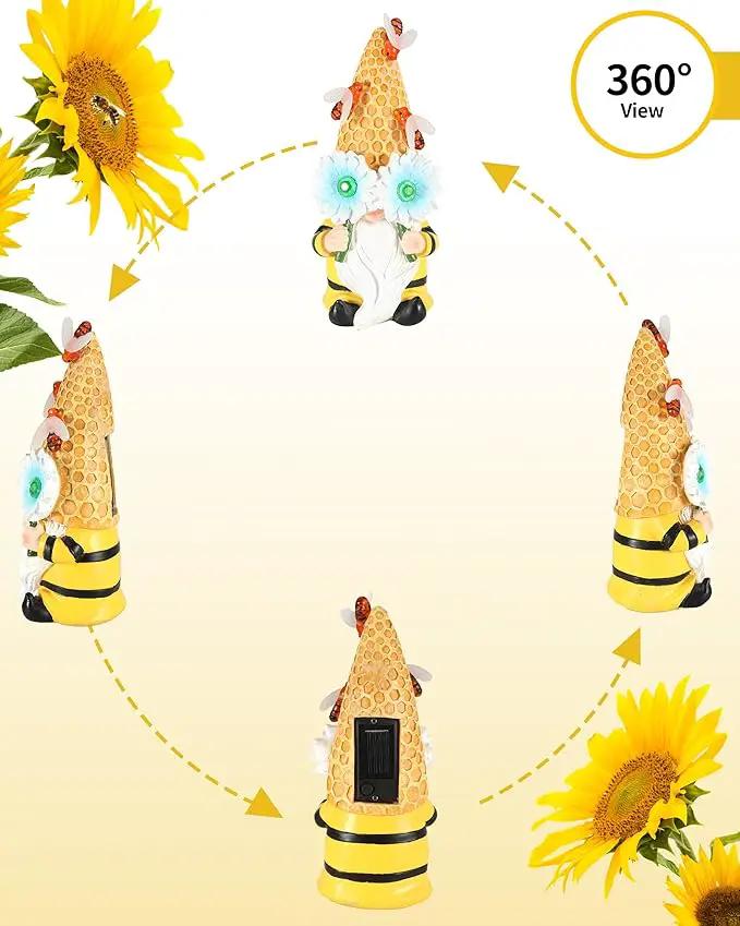 iStatue Garden Gnomes Outdoor Clearance with Solar Bee Lights - 9.5'' Resin Figurine Honeycomb Sunflower Spring Summer Decoration for Home Garden Decor Lawn Ornaments (Mr Bee Gnome) by GreenHaven Gardens