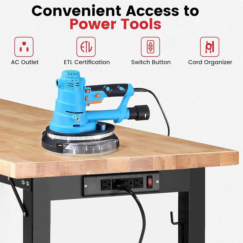 Workbench with Wheels 60 Inch Rubberwood Tabletop Garage Workbench Adjustable Height Work Bench with Pegboard, Power Outlets for Woodworking, Home, Office, Workshop by GreenHaven Gardens