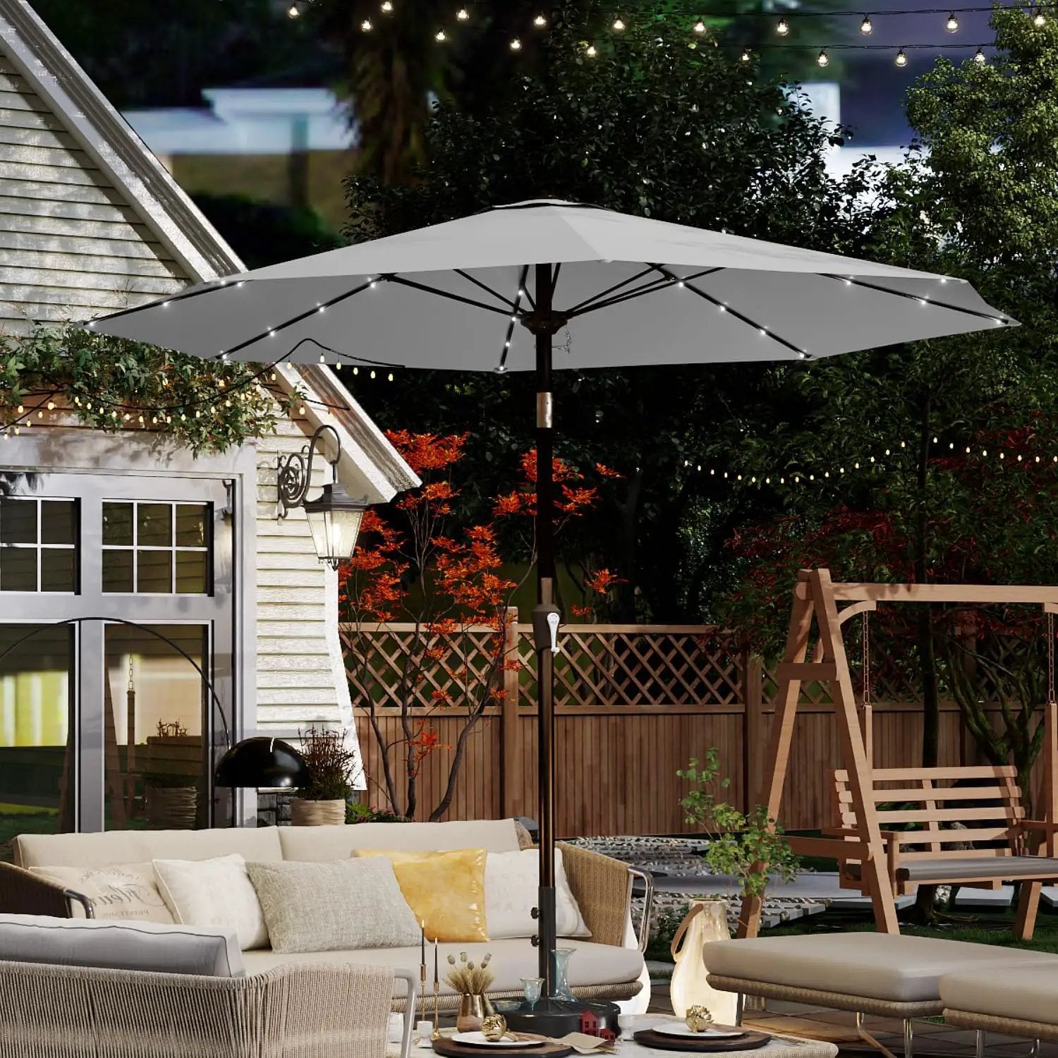 10FT Solar Umbrella 32 LED Lighted Patio Umbrella Table Market Umbrella w/Tilt and Crank, UV-Resistant Outdoor Umbrella for Pool, Garden, Deck, Light Gray by GreenHaven Gardens