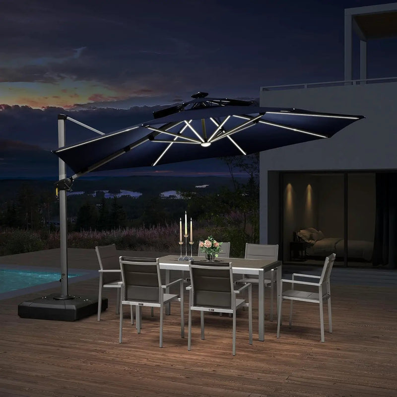 PURPLE LEAF 12ft Solar powered LED Patio Umbrella Outdoor Round Umbrella Large Cantilever Umbrellas with LED lights Windproof Offset Umbrellas Sun Umbrella for Garden Deck Pool Patio, Navy Blue by GreenHaven Gardens