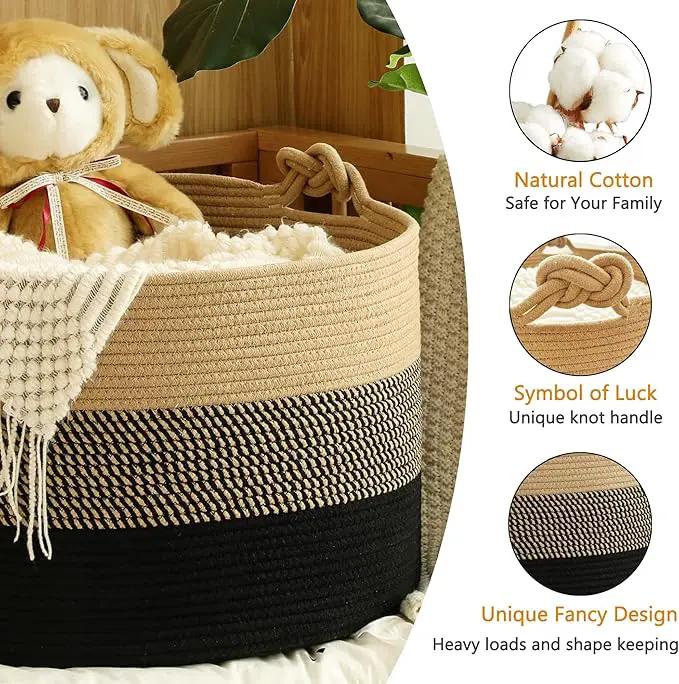 KAKAMAY Large Blanket Basket (20"x13"),Woven Rope Baskets for storage Baby Laundry Hamper, Cotton Rope Blanket Basket for Living Room, Laundry, Nursery, Pillows,Baby Toy chest (Jute/Black) by GreenHaven Gardens