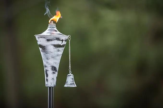 Set of 4, Oahu Premium Metal Outdoor Torches for Patio, Lawn and Garden - Tiki Style Metal Torch/w Snuffer, Fiberglass Wick & Large 16oz Oil Lamp - 53" Tall (Whitewash) by GreenHaven Gardens