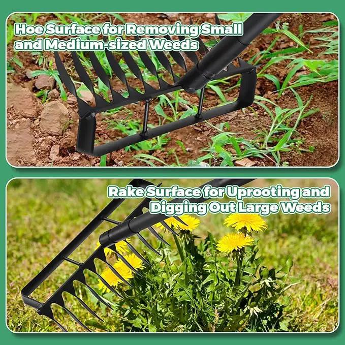 Stirrup Hoe Garden Tool Weed Puller with 76.8Inch Adjustable Stainless Steel Handle, Heavy Duty Hula Hoe and 12 Tines Rake 2 in 1 Gardening Tools Garden Cultivator for Weeding Soil Loosening, Black by GreenHaven Gardens