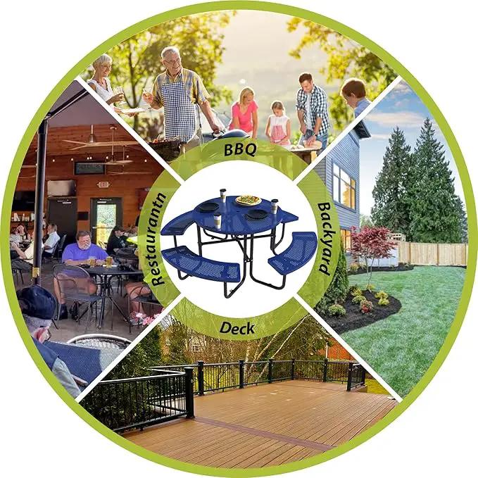 46'' Steel Round Picnic Table for Outdoors, Expanded, Lifetime Picnic Table with Umbrella Hole, Heavy Duty Sturdy Commercial Picnic Tables for Garden Courtyard BBQ, Blue by GreenHaven Gardens
