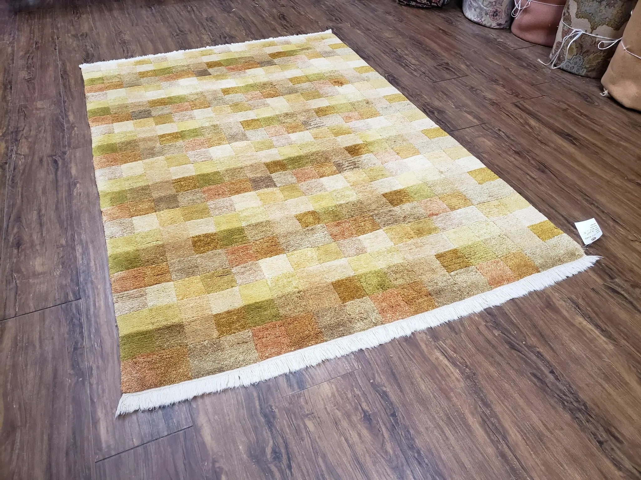4x6 Tibetan Rug, Modern Abstract Handmade Area Rug, Checkerboard Pattern, Neutral Ivory Gold Tan Colors, Soft Pile, Mid Sized Rug, Nepali by Jewel Rugs